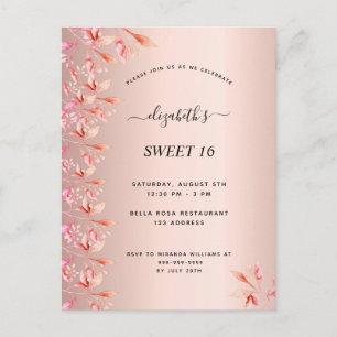 Sweet 16 birthday rose gold pink floral invitation postcard