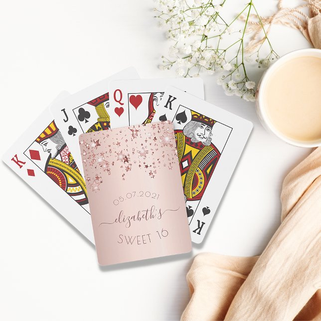 Sweet 16 birthday rose gold pink glittery stars playing cards (Creator Uploaded)