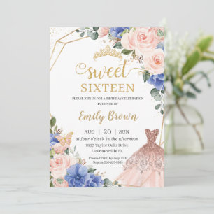 Sweet 16 Birthday Royal Blue Blush Floral Dress  Invitation