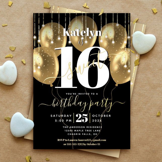 Sweet 16 Birthday Script Balloons Black Real Gold  (Creator Uploaded)