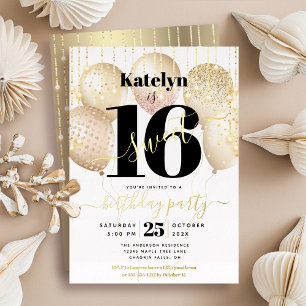 Sweet 16 Birthday Script Balloons White Real Gold