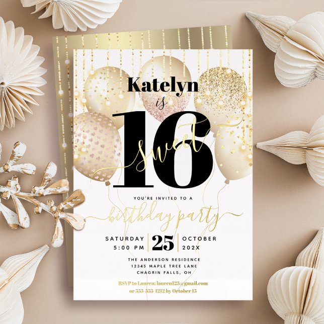 Sweet 16 Birthday Script Balloons White Real Gold (Creator Uploaded)