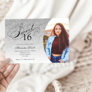 Sweet 16 Birthday Silver Glitter Glam Photo Invitation