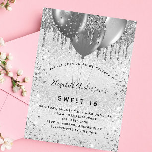 Sweet 16 birthday silver glitter invitation