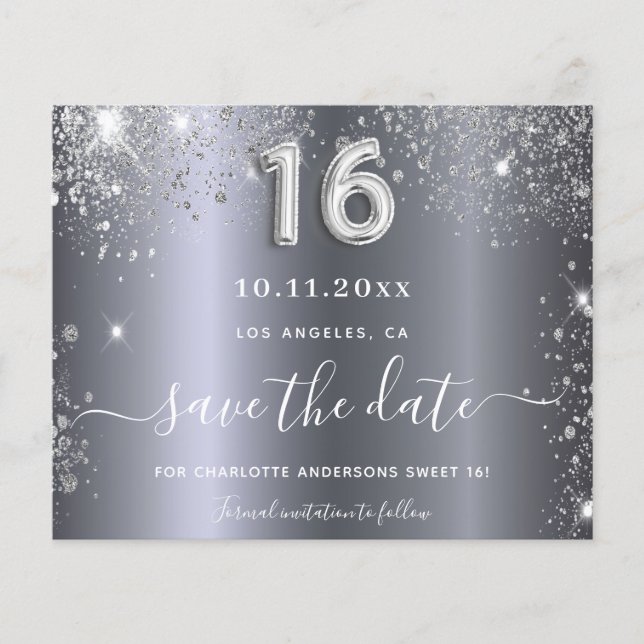 Sweet 16 birthday silver glitter save the date flyer (Front)