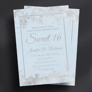 Sweet 16 Birthday Silver Ice Blue Foil Snowflakes Invitation