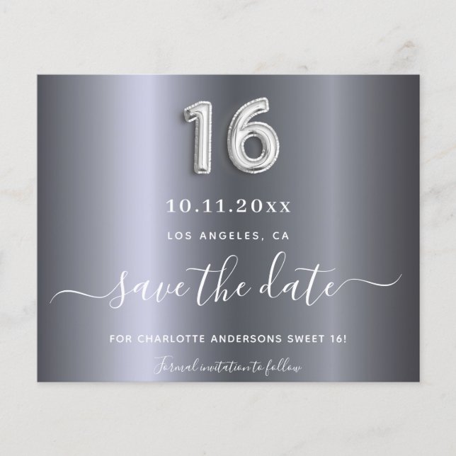 Sweet 16 birthday silver metal save the date (Front)