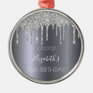 Sweet 16 birthday silver metallic glitter drips metal ornament