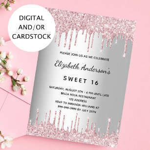 Sweet 16 birthday silver pink glitter drips invitation