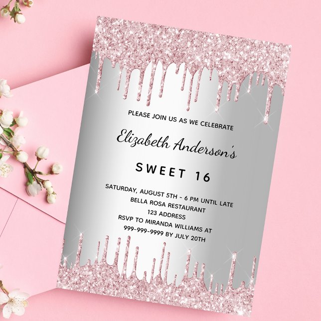 Sweet 16 birthday silver pink glitter drips luxury invitation (Creator Uploaded)