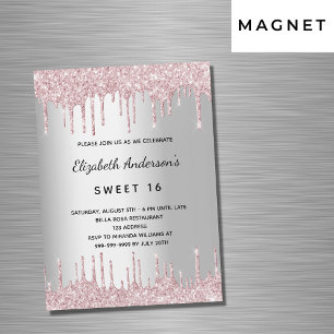 Sweet 16 birthday silver pink glitter drips luxury magnetic invitation