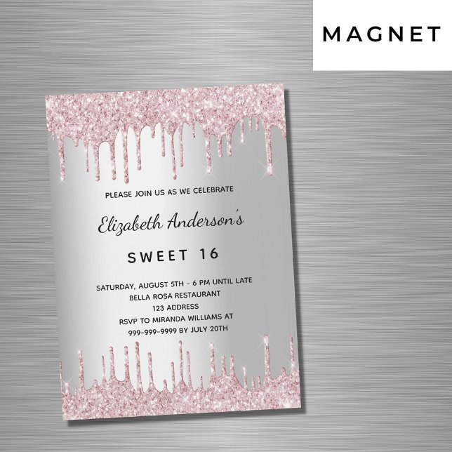 Sweet 16 birthday silver pink glitter drips luxury magnetic invitation (Creator Uploaded)