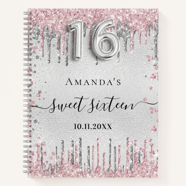 Sweet 16 birthday silver pink glitter guest book (Front)