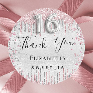 Sweet 16 birthday silver pink glitter thank you classic round sticker