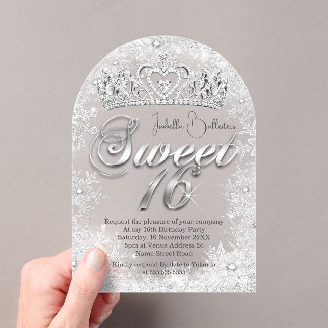 Sweet 16 Birthday Silver snowflakes Tiara Acrylic Invitations (Creator Uploaded)