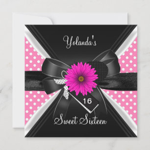 Sweet 16 Birthday Spot Polka Dot Black White Pink Invitation