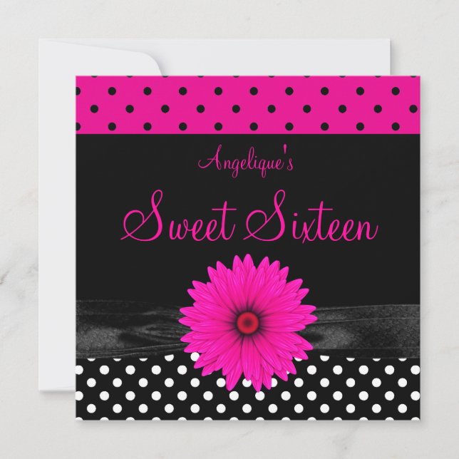 Sweet 16 Birthday Spot Polka Dot  Black White Pink Invitation (Front)