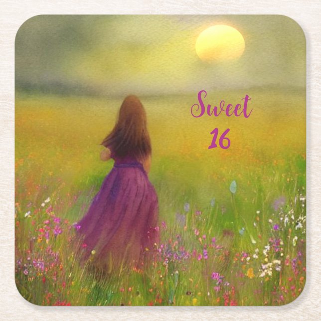 Sweet 16 Birthday Square Paper Coaster (Front)