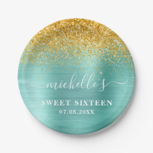 Sweet 16 Birthday Teal Gold Glitter Sparkle Name Paper Plate