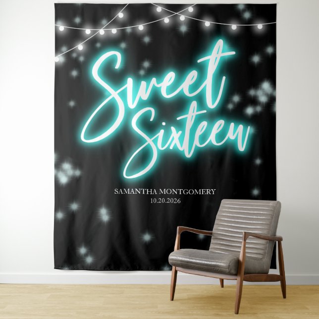Sweet 16 Birthday Teal Neon Glow Dark Backdrop Tapestry (In Situ)