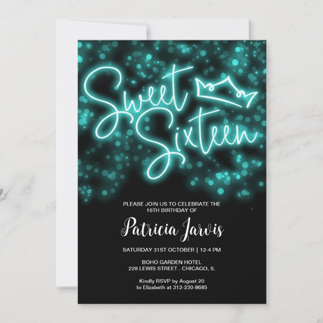Sweet 16 Birthday Teal Neon Glow Dark Party Invitation (Front)