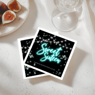 Sweet 16 Birthday Teal Neon Glow Dark Party Napkin