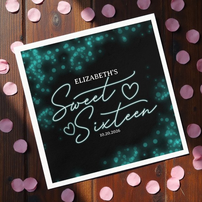 Sweet 16 Birthday Teal Neon Glow Dark Party Napkin (Creator Uploaded)