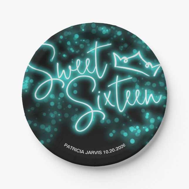 Sweet 16 Birthday Teal Neon Glow Dark Party Paper Plate (Front)