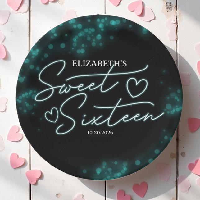 Sweet 16 Birthday Teal Neon Glow Dark Party Paper Plate (Creator Uploaded)