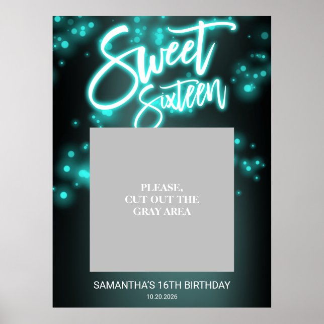 Sweet 16 Birthday Teal Neon Glow Dark Party Po Poster (Front)
