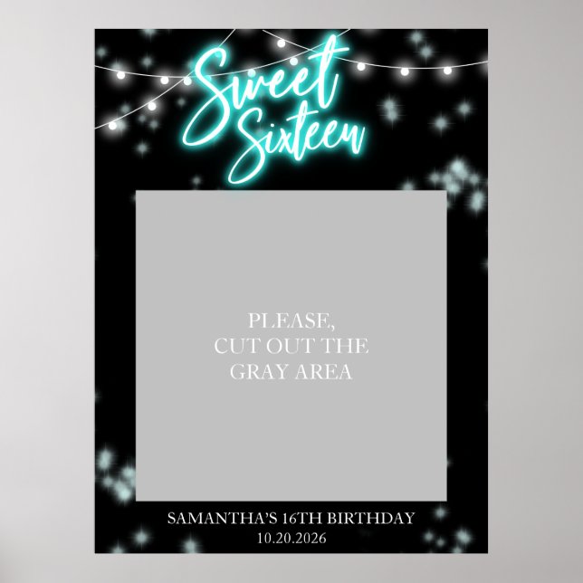 Sweet 16 Birthday Teal Neon Glow Dark Party Poster (Front)