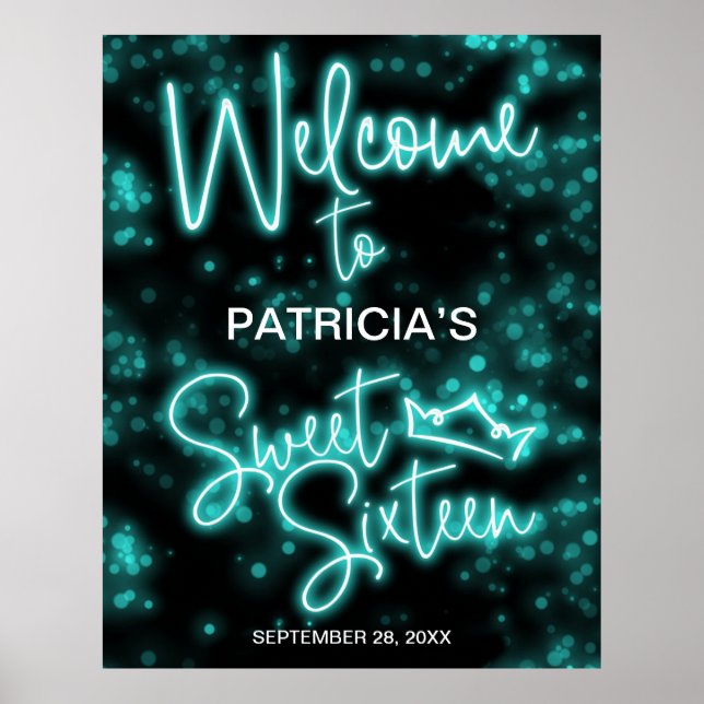 Sweet 16 Birthday Teal Neon Glow Welcome Sign (Front)