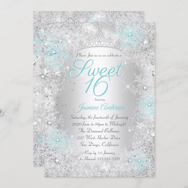 Sweet 16 Birthday Teal Silver Winter Wonderland Invitation (Front/Back)