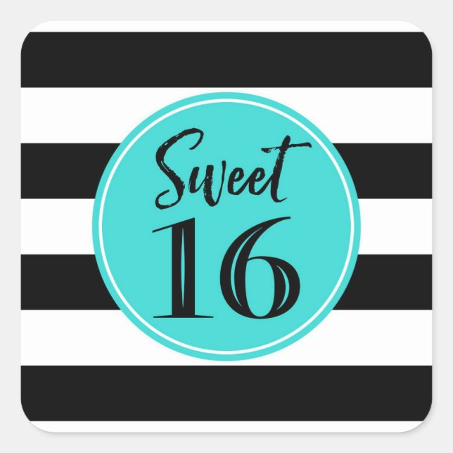 Sweet 16 Birthday Turquoise Black White Square Sticker (Front)