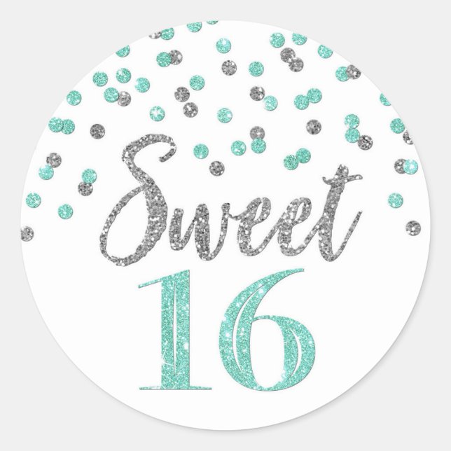 Sweet 16 Birthday Turquoise Blue Silver Confetti Classic Round Sticker (Front)