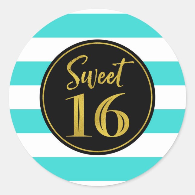 Sweet 16 Birthday Turquoise Gold White Stripes Classic Round Sticker (Front)