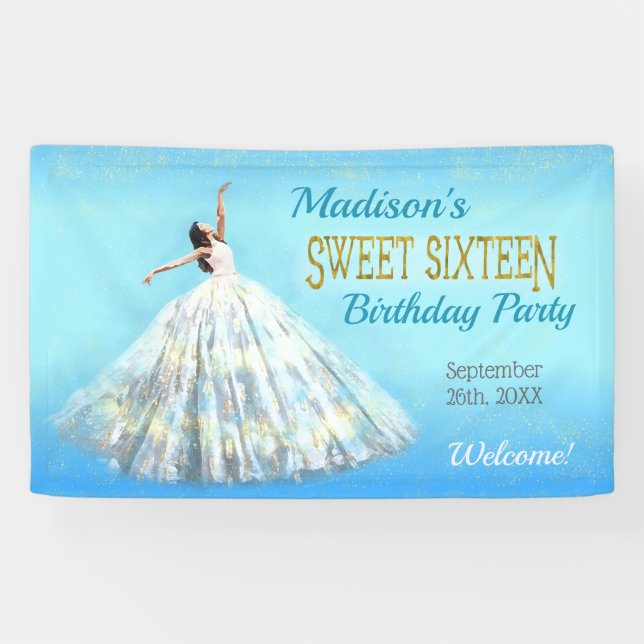 Sweet 16 Birthday Watercolor Dress Royal Blue Gold Banner (Horizontal)