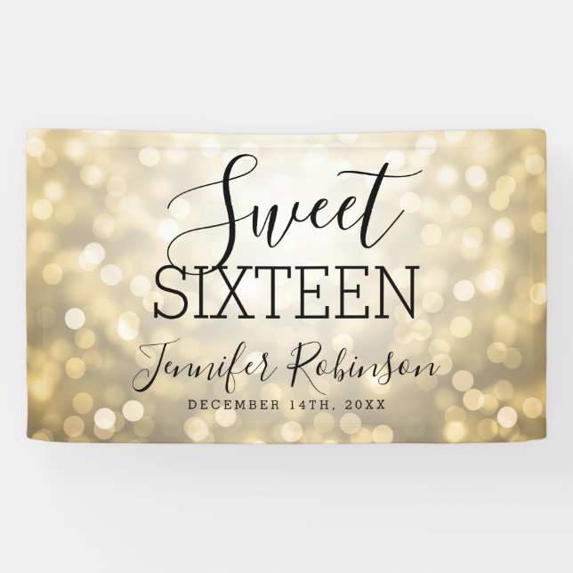 Sweet 16 Birthday Welcome Gold Glitter Lights Banner (Horizontal)