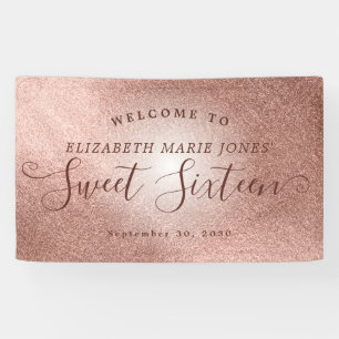 Sweet 16 Birthday Welcome Pink Rose Gold Glitter Banner