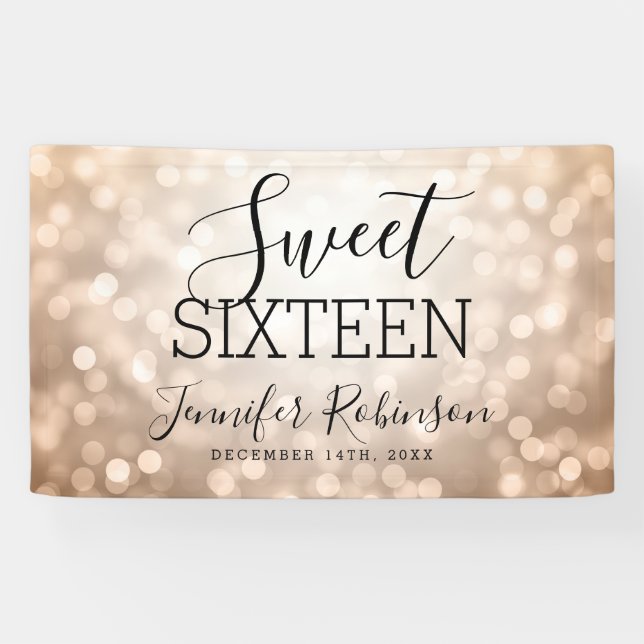 Sweet 16 Birthday Welcome Rose Gold Glitter Lights Banner (Horizontal)