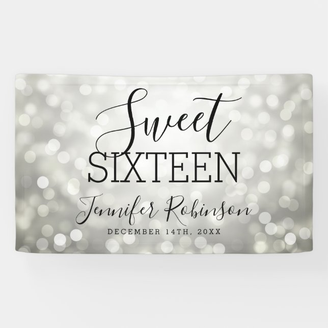 Sweet 16 Birthday Welcome Silver Glitter Lights Banner (Horizontal)