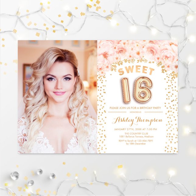 Sweet 16 Birthday With Photo - Gold Pink Floral Invitation (Creator Uploaded)