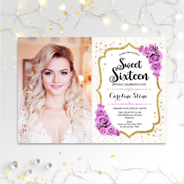 Sweet 16 Birthday With Photo - Gold White Purple Invitation (Creator Uploaded)