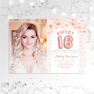 Sweet 16 Birthday With Photo - Rose Gold Floral Invitation