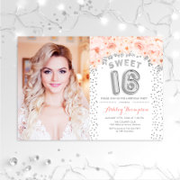 Sweet 16 Birthday With Photo - Silver Pink Floral