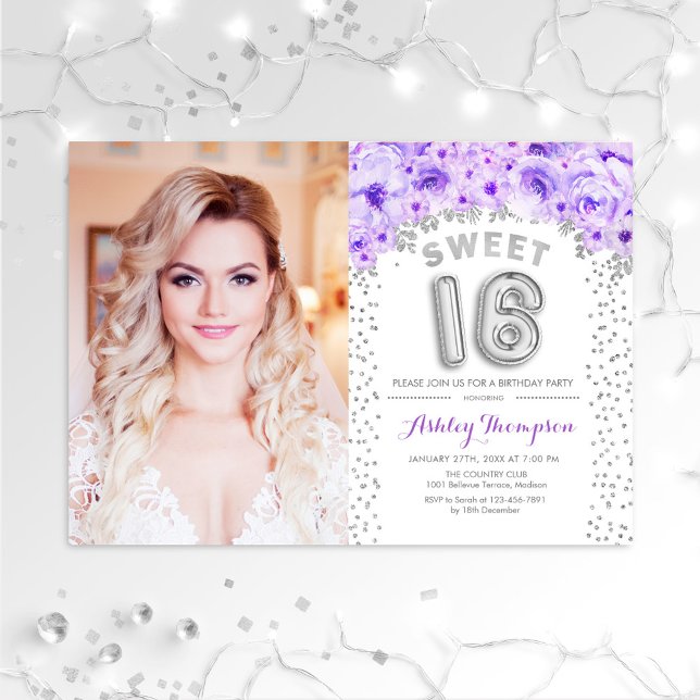 Sweet 16 Birthday With Photo Silver Purple Floral Invitation (Creator Uploaded)