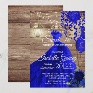 Sweet 16 Birthday - Wood and Blue Flowers Invitation