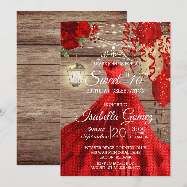 Sweet 16 Birthday - Wood and Red Flowers Invitation (Front/Back)