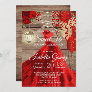 Sweet 16 Birthday - Wood and Red Flowers Invitation