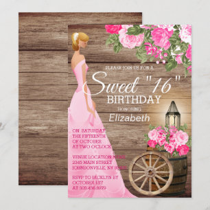 Sweet 16 Birthday - Wood Barrel & Pink Flowers Invitation